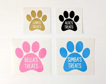 Personalised Dog Treats Sticker: Vinyl Paw Print Decal with Name for Pet Treat Jar