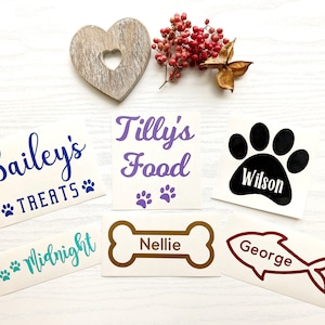 Pet name sticker, Dog bowl decal, Cat food sticker, Pet storage vinyl labels