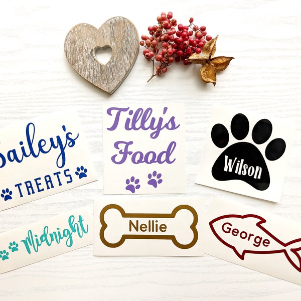 Pet name sticker, Dog bowl decal, Cat food sticker, Pet storage vinyl labels