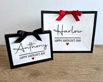 Personalised Valentine's Gift Bag: Black & White Bags with Name and Ribbon