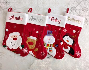 Personalised Christmas Stockings, Red Xmas Stocking with Name, Santa Reindeer Snowman Penguin