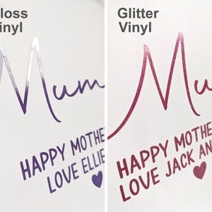 Close-up of Gloss and Glitter vinyl text. Gloss text reflects the light, glitter vinyl has a sparkly finish.