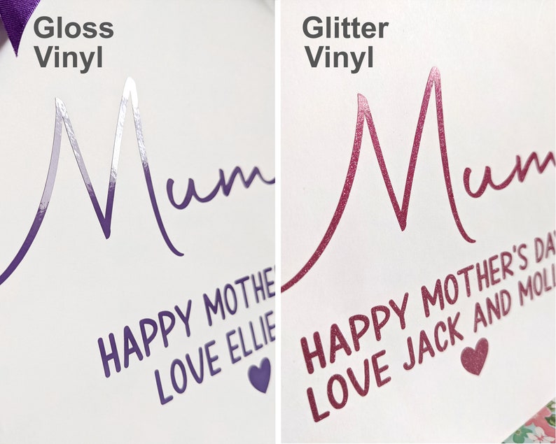 Close-up of Gloss and Glitter vinyl text. Gloss text reflects the light, glitter vinyl has a sparkly finish.