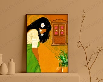 South Asian Woman in Saree Art Print, Kerala Art (PRINTABLE)