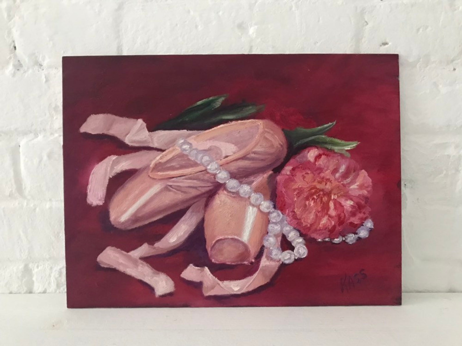 original oil painting ballet. still life with pointe and a peony. gift for loving dance.