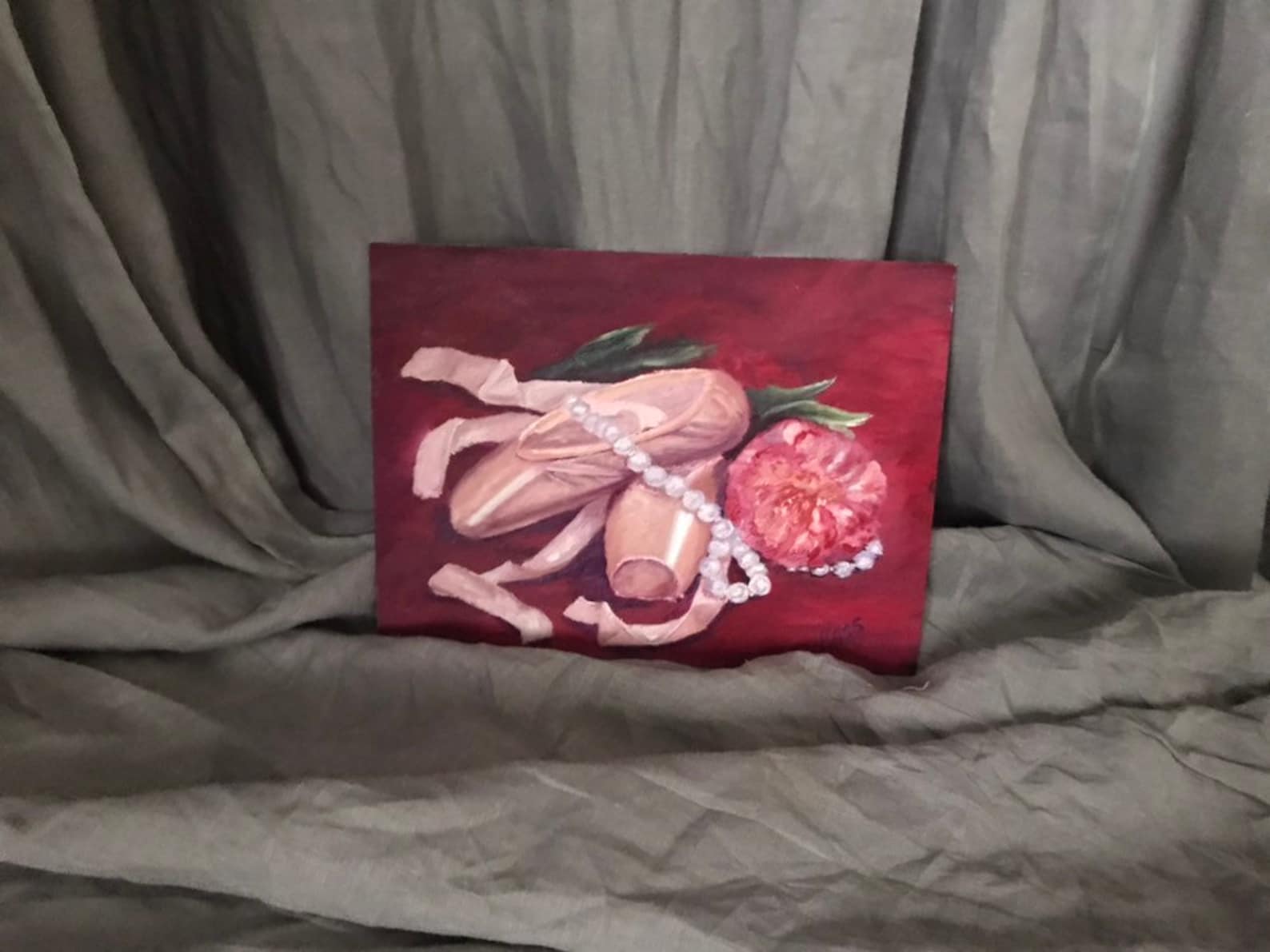 original oil painting ballet. still life with pointe and a peony. gift for loving dance.