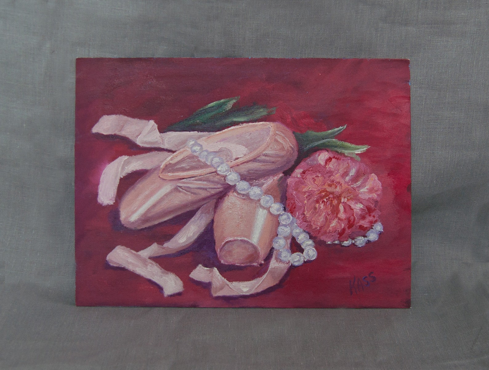 original oil painting ballet. still life with pointe and a peony. gift for loving dance.