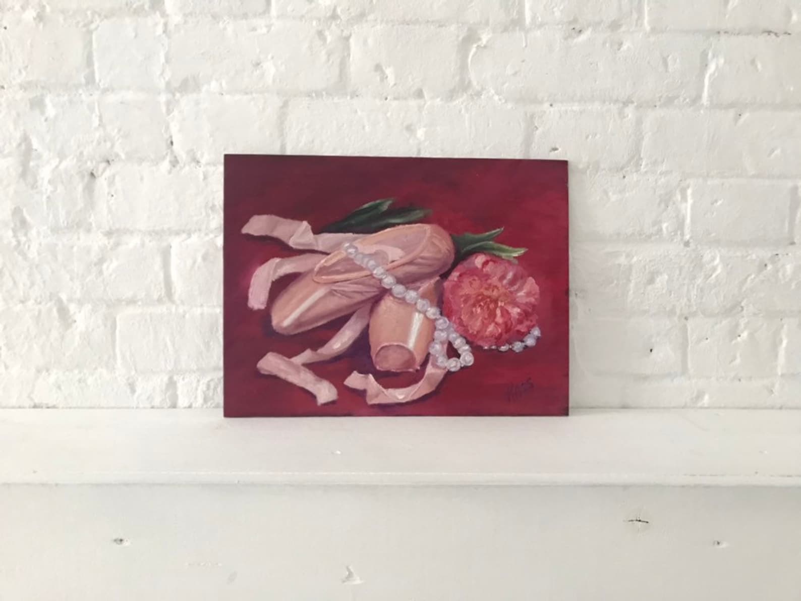 original oil painting ballet. still life with pointe and a peony. gift for loving dance.