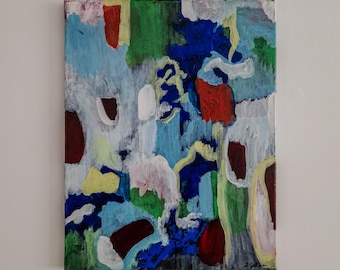 May include: Abstract painting on canvas with a variety of colors. The artwork features blue, green, red, yellow, and white brushstrokes. The painting is mounted on a white wall.
