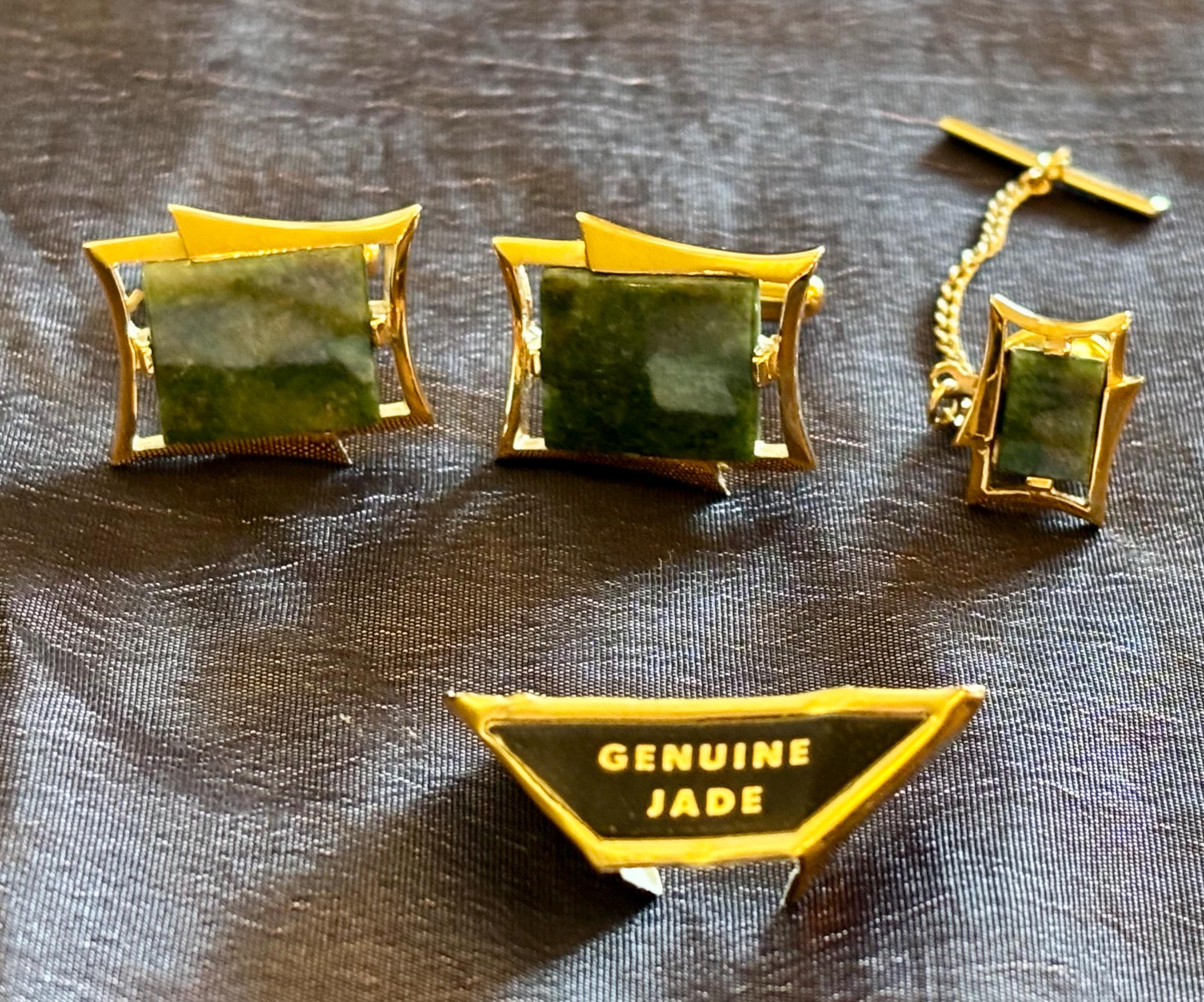 Sherman Senator tie clip and cuff links.  Real jade.  Gold tone.  In original box.