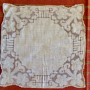 7 antique/vintage handkerchiefs including 3 wedding, 2 white on white appliqué, a fine lawn and a handkerchief envelope with fine embroidery image 3