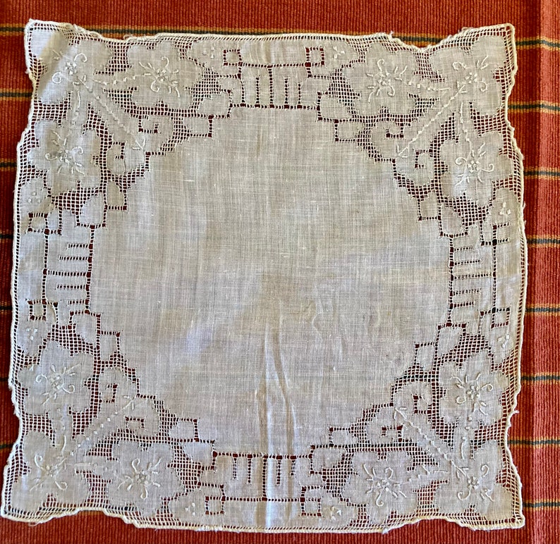 7 antique/vintage handkerchiefs including 3 wedding, 2 white on white appliqué, a fine lawn and a handkerchief envelope with fine embroidery image 3