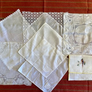 7 antique/vintage handkerchiefs including 3 wedding, 2 white on white appliqué, a fine lawn and a handkerchief envelope with fine embroidery image 2