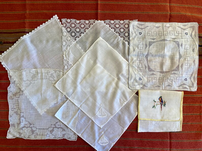 7 antique/vintage handkerchiefs including 3 wedding, 2 white on white appliqué, a fine lawn and a handkerchief envelope with fine embroidery image 2