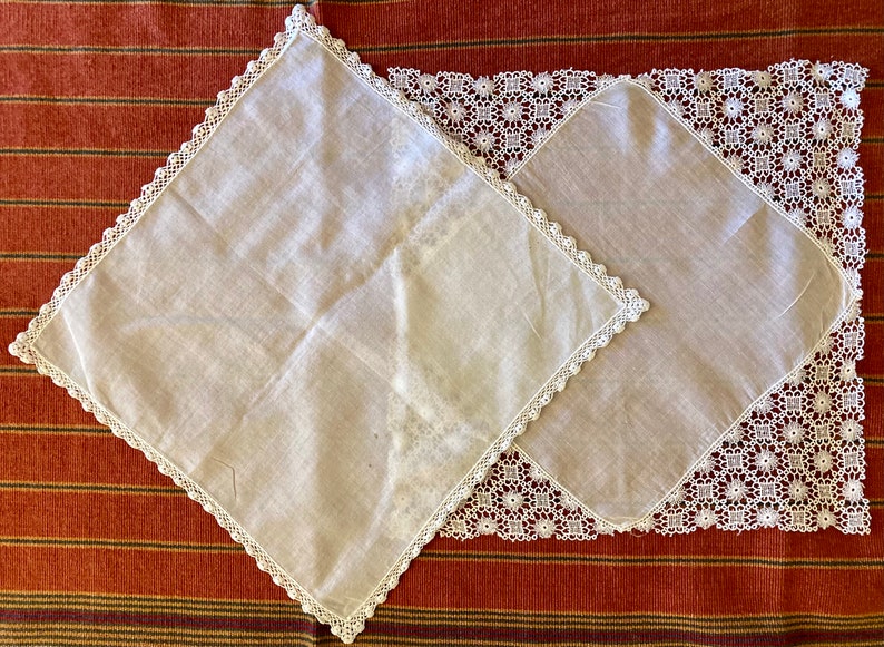 7 antique/vintage handkerchiefs including 3 wedding, 2 white on white appliqué, a fine lawn and a handkerchief envelope with fine embroidery image 10