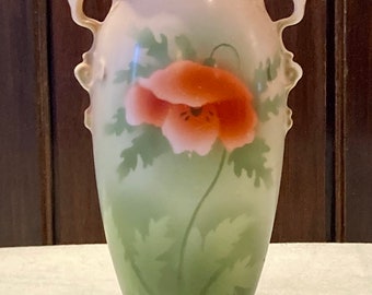 1904 to 1918 Victoria Austrian vase.  Single stunning poppy on green and blush background.  6 5/8 inches tall.