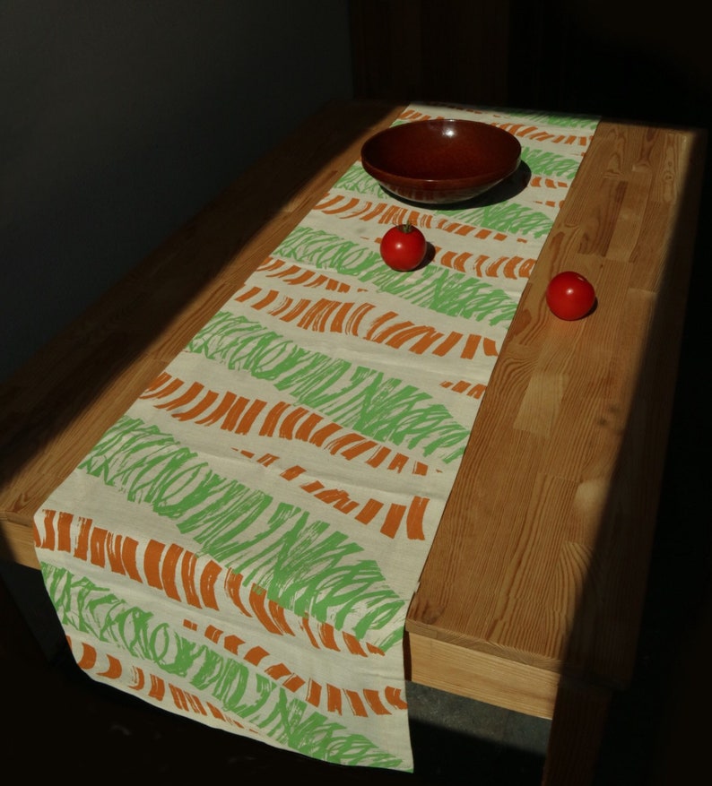 organic table linen wall decoration wall hanging Hand printed table runner green and copper organic pattern
