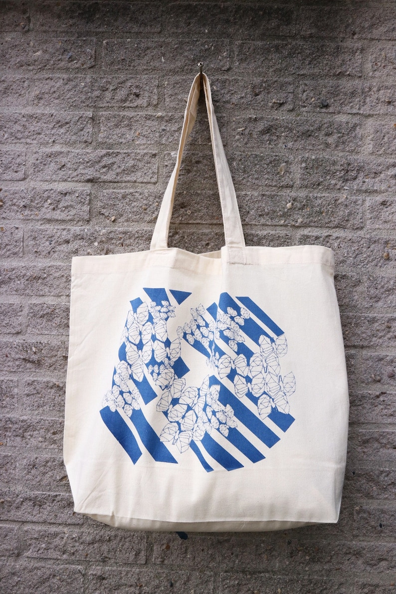 Dusty Blue Shopping Bag with Flat Bottom Butterflies Hand Screen Printed Tote Bag Art Print Tote Market Bag Graphic Tote.