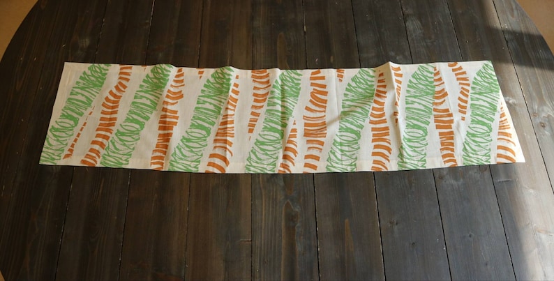 organic table linen wall decoration wall hanging Hand printed table runner green and copper organic pattern
