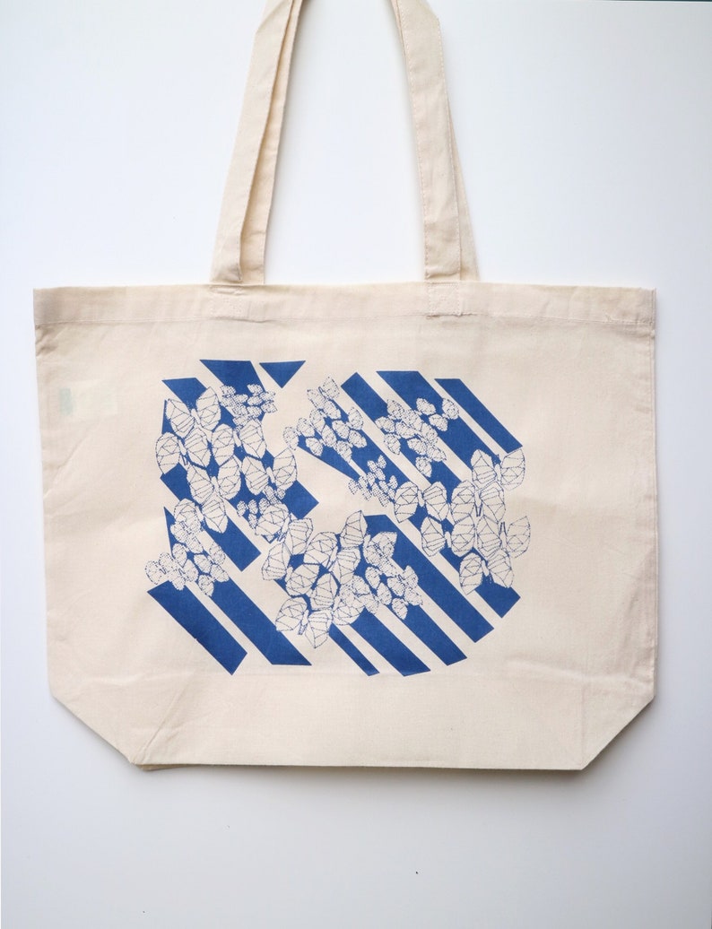 Dusty Blue Shopping Bag with Flat Bottom Butterflies Hand Screen Printed Tote Bag Art Print Tote Market Bag Graphic Tote.