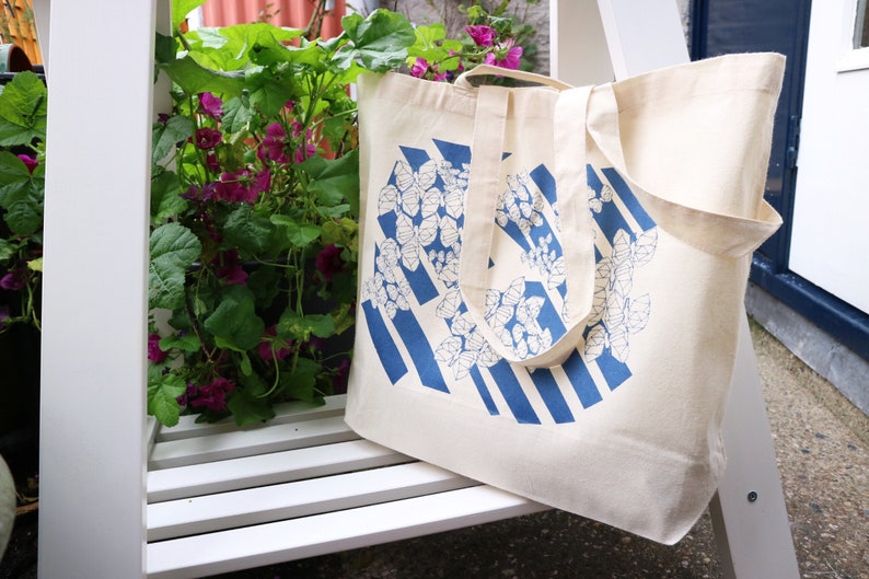 Dusty Blue Shopping Bag with Flat Bottom Butterflies Hand Screen Printed Tote Bag Art Print Tote Market Bag Graphic Tote.