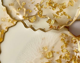 Set of 4- 18k Gold and White Handmade Resin Geode Coasters