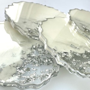 Set of 4- Silver and White Handmade Resin Geode Coasters