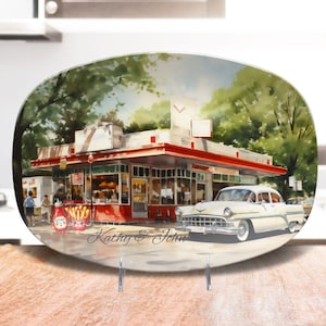 Retro 50&#39;s Diner Decor, Retro Kitchen Decor, Mid Century Modern Platter, 1950&#39;s Car At Diner, Retro Theme BBQ, 60s Birthday Party