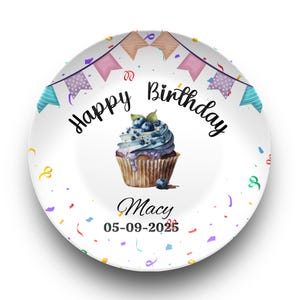 Custom Happy Birthday Plate With Name, Kids Birthday Party Plates With Name, Personalized Birthday Plate With Cupcake Muffin