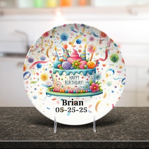 Personalized Happy Birthday Plate, Custom Name Date Birthday Party Plate, Birthday Cake Plate For Boys Girls, Confetti Birthday Cake