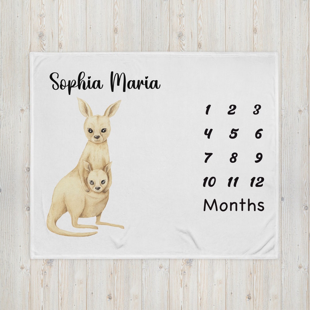Kangaroo Milestone Blanket, Kangaroo Baby Blanket, Custom Name Blanket