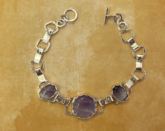 Sterling and Fine Silver Chain Bracelet with 3 Bezel-Set Amethyst Cabochons