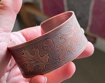 Oak Leaf & Acorn Patterned Copper Cuff Bracelet