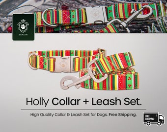 Holly Dog Collar and Leash Set by iDoggos, Best Seller Pet Collar and Leash Set, High Quality & Handmade Dog Collar + Leash Set