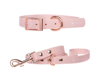 Baby Pink Dog Collar and Leash waterproof by iDoggos, Best Seller Pet Collar and Leash Set, High Quality & Handmade Dog Collar + Leash kit