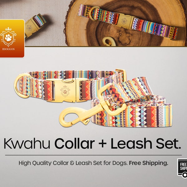 Kwahu Dog Collar and Leash Set by iDoggos, Best Seller Pet Collar and Leash Set, High Quality & Handmade Dog Collar + Leash Set