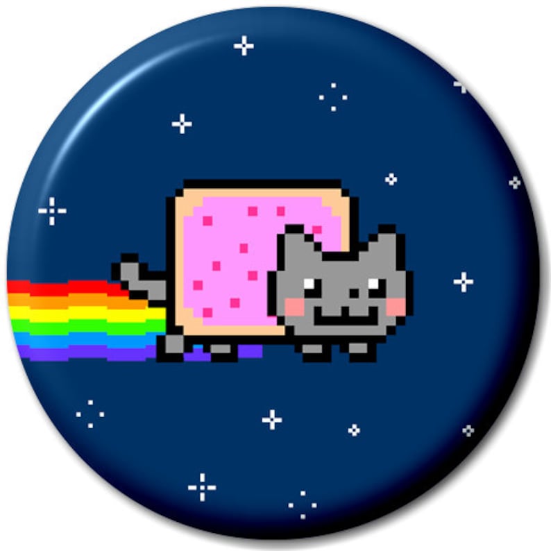 May include: A pixelated cat wearing a pink and white toast costume with a rainbow trail behind it. The cat is on a dark blue background with white stars.