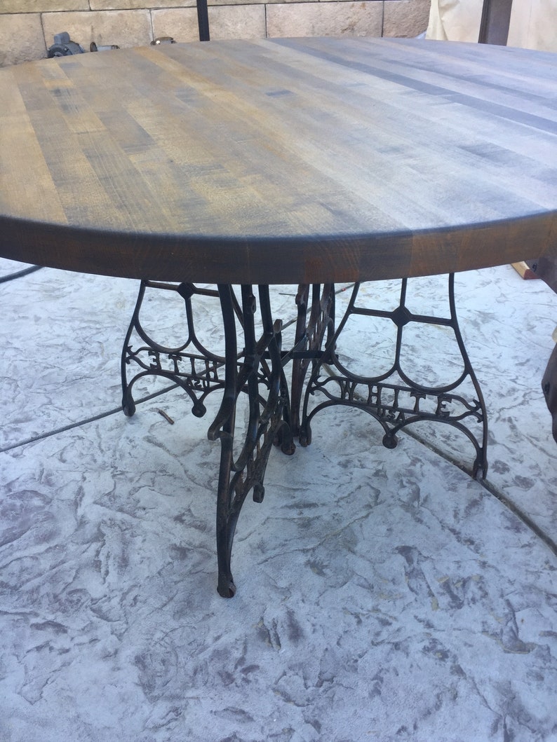 4 Round Dining Table With Vintage Butcher Block Top And Cast Iron Sewing Treadle Base