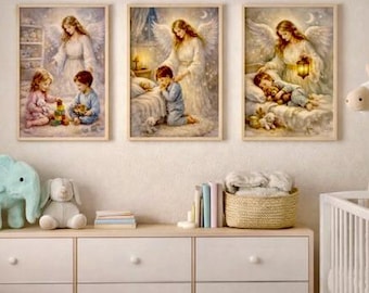 Babyzimmer 3er Set druckbare Schutzengel, christliche Wandkunst (digitaler Download)