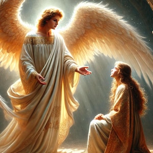 Annunciation Digital Artwork - Angel Gabriel and Mary, High-Resolution Printable Christian Art (4:3, 300 DPI)