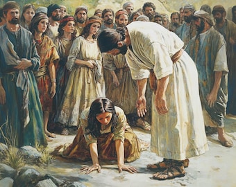 Jesus und die geheilte Frau - Inspirierendes biblisches Kunstwerk für die Innendekoration - Druckbares Bild