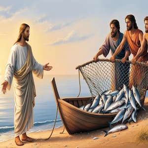 Jesus and the Miraculous Catch of Fish - Printable Bible Art, Christian Digital Download, Religious Wall Decor