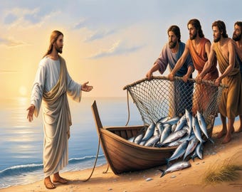 Jesus und der wundersame Fischfang - Bibelgeschichte Wandkunst - Printable Faith Decor
