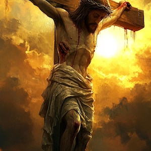 Può includere: Un dipinto che raffigura Gesù Cristo sulla croce con un cielo dorato sullo sfondo. Il testo "È compiuto" e "Giovanni 19:30" sono scritti sotto l'immagine.