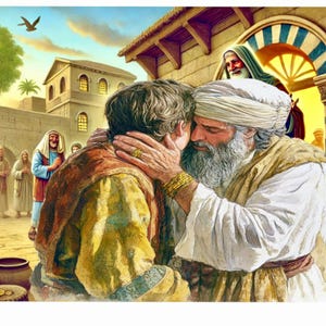 Bibel Illustration - Die Wiederkehr des Verlorenen Sohnes - Lukas 15:20 - Hochwertiges Digital Kunstwerk