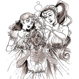 Puede incluir: Una ilustración en blanco y negro de tres figuras, dos mujeres con el pelo largo y una tercera figura con los ojos cerrados, atadas con cuerda. El texto "Norrnor" está escrito debajo de las figuras.