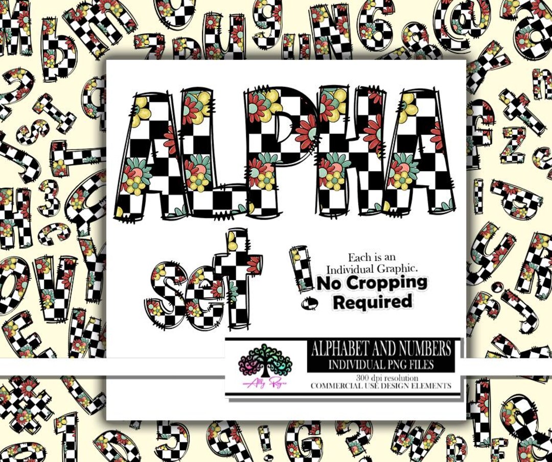 Checked Alpha Checkered Alpha Doodle Font Bundle, Checkered Flower Letter Alphabet ...