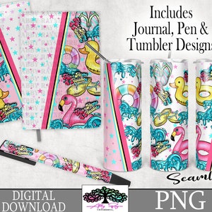 Pode incluir: Um conjunto de designs de download digital com um padrão sem costura rosa e azul com chinelos, patos de borracha e flamingos infláveis. O design inclui designs de diário, caneta e copo. O texto "Fin Flops & Hoaties" é repetido em todo o padrão.