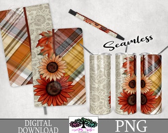 Autumn Sunflowers Notebook & Tumbler Wrap Set, PNG Digital Download for Journals, Pens and Tumblers