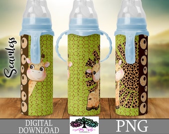 Giraffe Baby Bottle PNG Sublimation Wrap, Peeking Giraffe Safari Theme, Seamless Digital Download for Baby Bottles, Nursery Decor